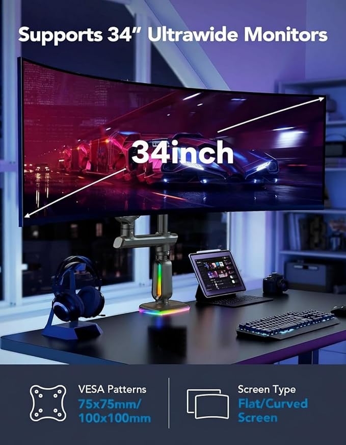 HUANUO RGB Heavy Duty Monitor Arm for Ultrawide Screens up to 34", Holds 33 lbs, Tall Ultrawide Monitor Stand with 29.1" Max Height, Fully Adjustable Single Computer Desk Mount, Max VESA 100x100mm