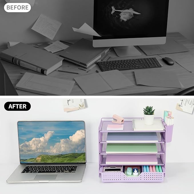 Desk Organizer and Accessories, 5-Tier Paper Letter Tray Organizer with Drawer & 2 Pen Holders for Desktop File Organization, Office Desk Accessories for Supplies Storage (Purple)