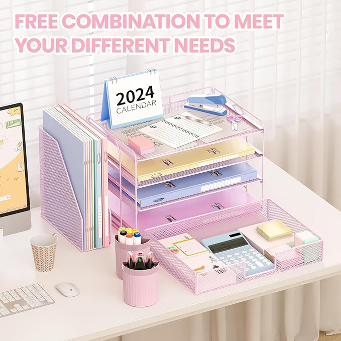 OPNICE Desk Organizer, 4-Tier Desktop File Organizer with Drawer and 2 Pen Holders, Office Desk Accessories, File Sorters, Workspace Organizers for Office Supplies(Pink)