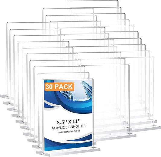 30 Pack Acrylic Sign Holder 8.5 x 11, Double-Sided Clear Sign Holder Plastic Stands for Display, T Shape Acrylic Table Sign Stands for Office Store Restaurants Wedding Party Decoration