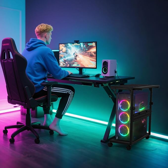 KEBE Wider Tower Stand, Height Adjustable Computer Tower for Gaming Home Office, 2-Tier PC Stand Printer Rack ATX-Case CPU Holder Cart with Wheels & Mouse Pad, Black