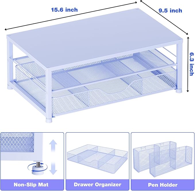 OPNICE Desk Organizers and Accessories, 2-Tier Computer Monitor Stand Riser with Drawer and 2 Pen Holders, Laptop Stand, Office Desk Accessories for Office Supplies, Blue