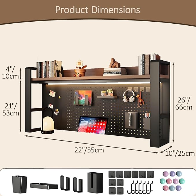 2/3 Tier Desk Hutch with Pegboard, Desk Shelf Organizer with Metal Frame, Space Saving Desktop Bookshelf, Desktop Shelf Organizer Display Rack for Study Table, Home, Of White+White 22×10×26"(2-Tiers)