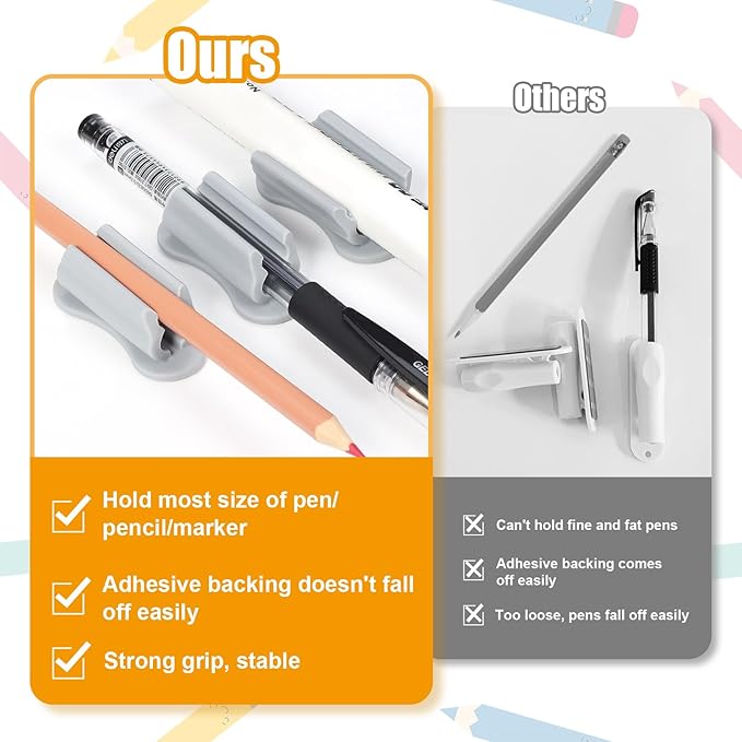 Pen Holder for Desk, 20 PACK Adhesive Silicone Pen Holder for Classroom Clipboard Attachment, Marker Holder, Pencil Holder,Marker Clip for Desk,Classroom,Office Accessories (Grey)