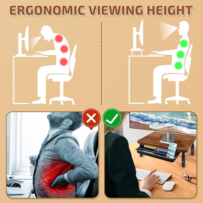 Monitor Stand, Rich Brown Monitor Riser, Monitor Stand for Desk, Stand Monitor, Solid Wood & Metal Computer Monitor Stand, Ergonomic TV Riser Block, 1 Pack, Rich Brown, 14.5 Inch