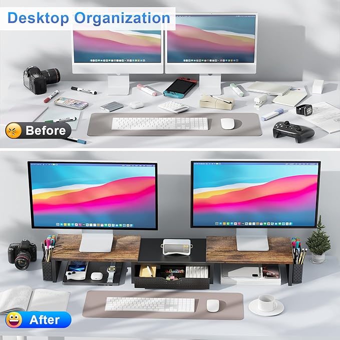 gianotter Dual Monitor Stand Riser, Desk Organizer With Drawer and 2 Pen Holders,Computer Monitor Stand, Desk Shelf for Top of Desk, Wood