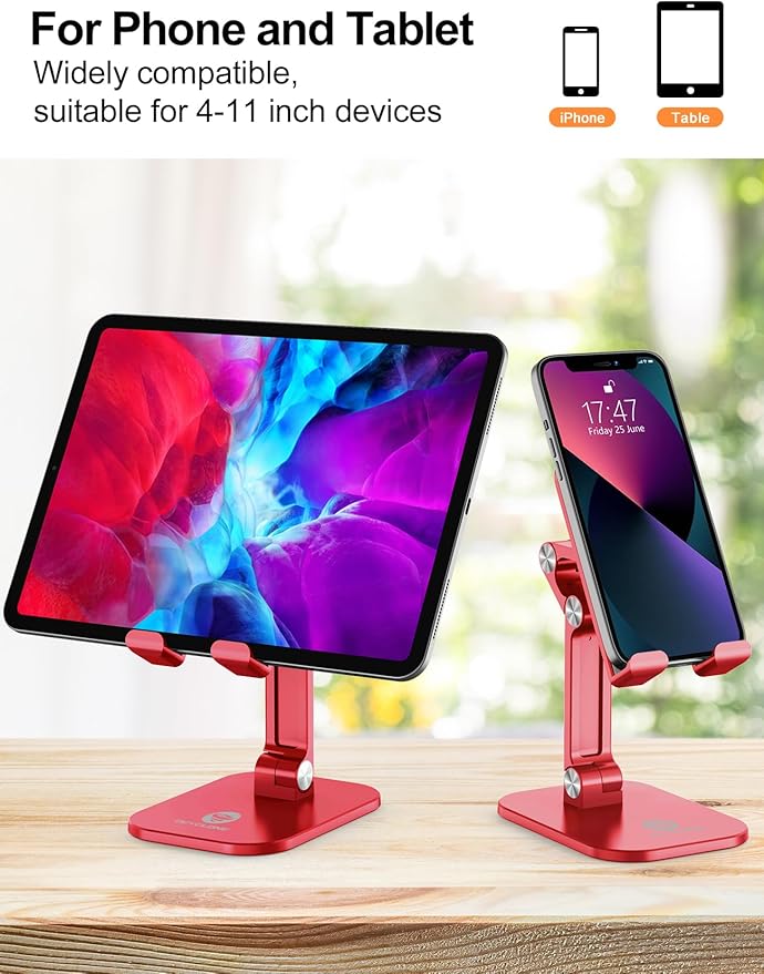 OCYCLONE Phone Stand, Adjustable Height and Angle Foldable Cell Phone Stand Holder for Desk, Taller iPhone Stand Compatible with 4.7"-13" Smartphones iPad Tablet, Red