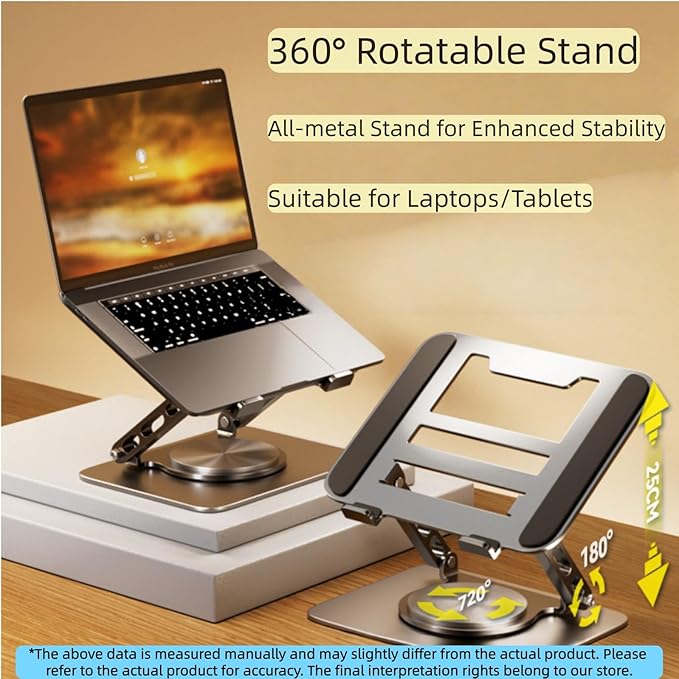 Adjustable Laptop Stand with 360° Rotating Base, Ergonomic Foldable Design, Compatible with MacBook Pro Air and Laptops 10-16 Inches (Black, Premium Version)