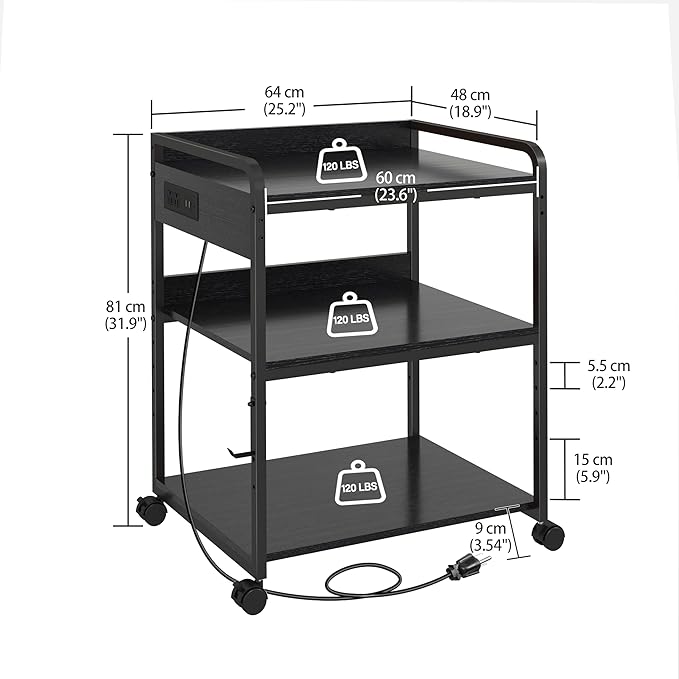 Livofloral Printer Stands with Charging Station, 25.2 x 18.9 Inch Large Printer Stand with Wheels for Home Office, 3 Tier Printer Table with Power Outlet USB Port, Printer Shredder Stand, Black