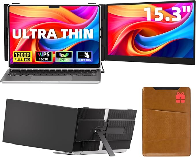 15.3" Laptop Screen Extender, Ultra-thin Portable Monitor FHD 1080P IPS, Dual Screen Extra Travel Monitor for Laptops 13-17" with USB-C/HDMI Port, Plug & Play for Windows/Mac/Android/Switch/PS