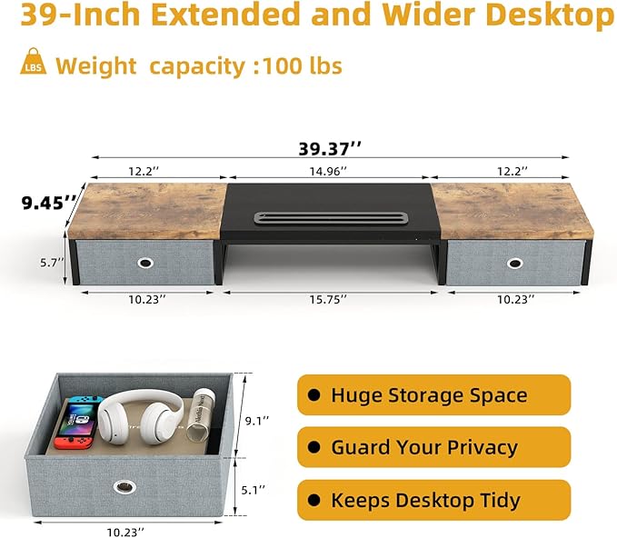 Mexin Dual Monitor Stand Riser with 2 Drawers - 39Inch Large Storage Computer Monitor Stands for 2 Monitors, Wooden Desktop Organizer Perfect for Home Office Desk, Computer, Laptop, TV