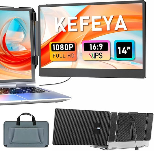 KEFEYA Laptop Screen Extender, 14" Portable Monitor for Laptops 13-17", 1080P FHD IPS Monitor Extender for Laptop with USB-C/HDMI Port, Plug n Play for Windows/Chrome/Mac/Switch/PS5