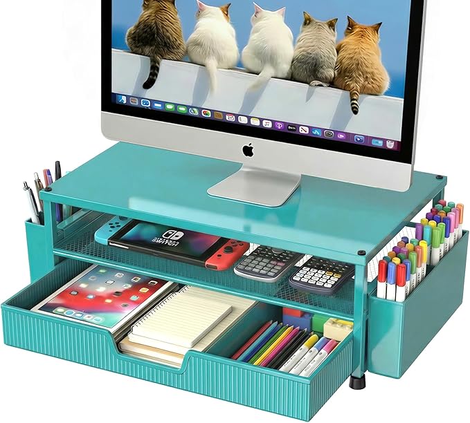 Desk Organizer and Accessories, 2-Tier Computer Monitor Stand Rise with Storage Drawer & 2 Pen Holders, Laptop & Printer Stand for Desktop, Workspace Organizers for Office Supplies (Blue)