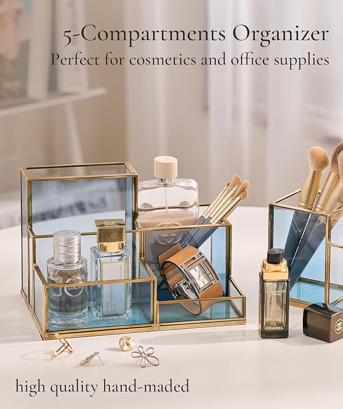 FONDAZZA 5-Compartment Desk Organizer for Home Office Supplies, Gold Brass with Blue Glass, Workspace Storage for Stationery, Cosmetic, Makeup Tools and Brush.