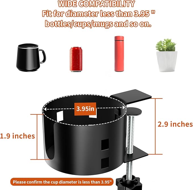 Upgraded Large Desk Cup Holder Clamp, OOKUU Anti-Spill Table Cup Holder, Metal Office & PC Gaming Desk Accessories, Compatible with Universal Cup, Bottles, Pencil Holder (Black)