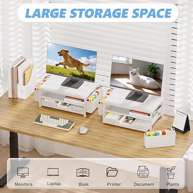 OPNICE Desk Organizers and Accessories, 2-Tier Computer Monitor Stand Riser with Drawer and 2 Pen Holders, Laptop Stand, Office Desk Accessories for Office Supplies, White