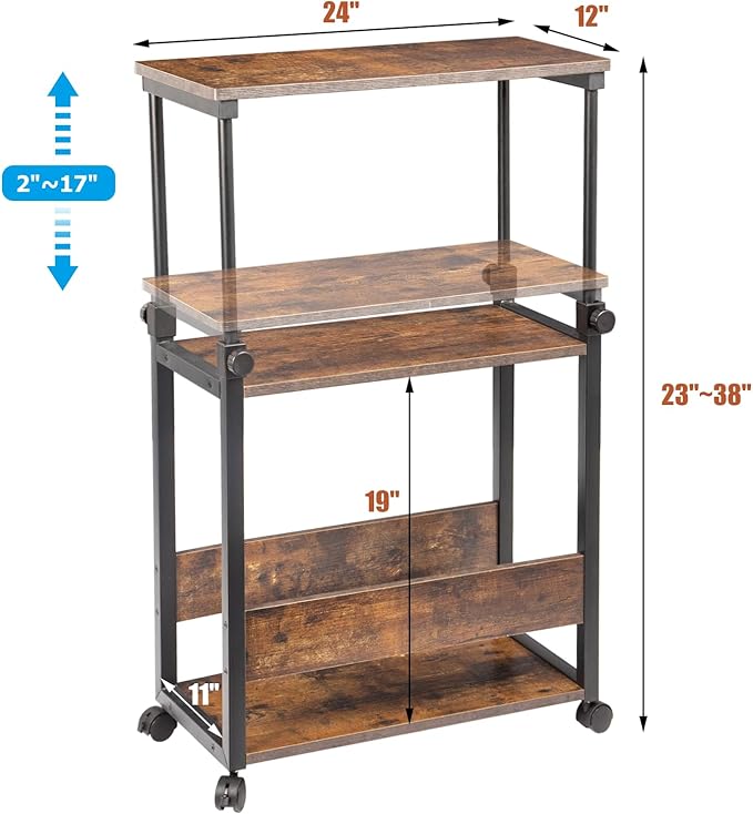 TooCust Height Adjustable Computer Tower Stand, Computer & Machine Carts, PC Tower Stand, Printer Stands with Wheels, 24" W x 12" D x 23"-38" H, Holds Up to 132 lbs (Fits Tower Lower Than 19")