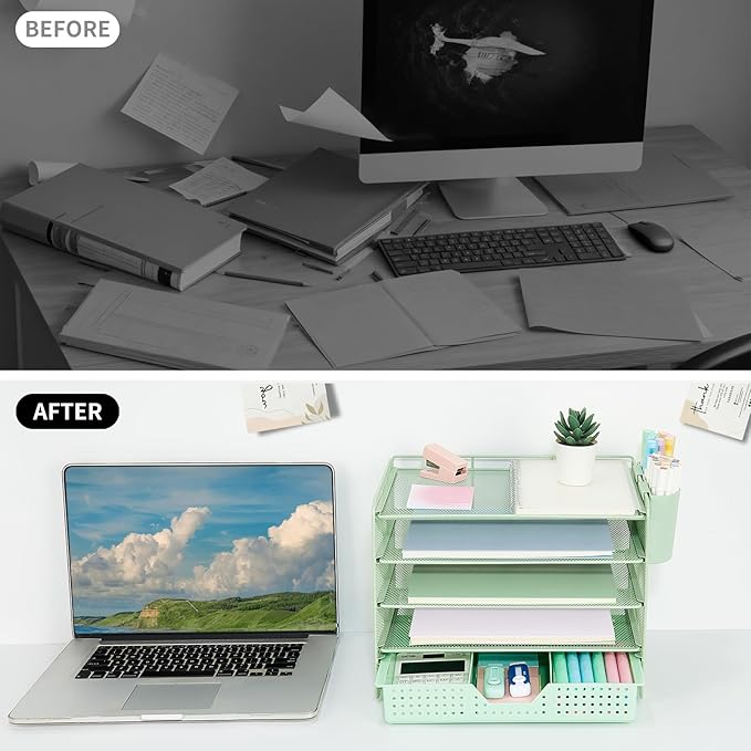 Desk Organizer and Accessories, 5-Tier Paper Letter Tray Organizer with Drawer & 2 Pen Holders for Desktop File Organization, Office Desk Accessories for Supplies Storage (Green)