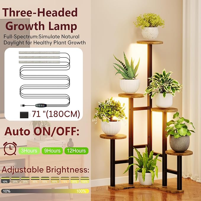 Corner Plant Stand Indoor with Grow Lights, 6 Tiered Corner Plant Shelf Flower Stand for Multiple Plants, Plant Shelves Organizer Rack for Living Room, Balcony, Patio, Round Rustic Brown