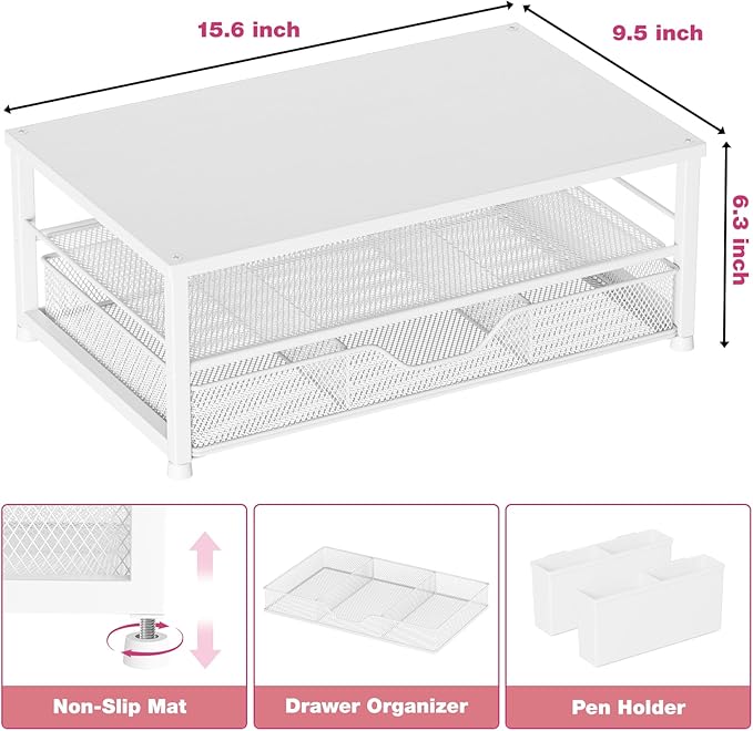 OPNICE Desk Organizers and Accessories, 2-Tier Computer Monitor Stand Riser with Drawer and 2 Pen Holders, Laptop Stand, Office Desk Accessories for Office Supplies, White Wood
