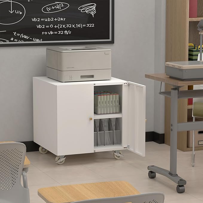 Metal Printer Stand, Rolling Table for Printers, Large 3D Printers Table with Storage, Office Printer Stand for Copier, Fax, Heavy Duty Stands with Shelf for School, Workplace, White