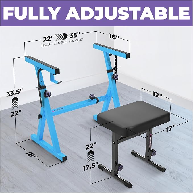 Liquid Stands Portable Heavy Duty Digital Piano Stand & Bench Set - Adjustable Keyboard Music Stand & Seat for 54-88 Key Electric Pianos (Light Blue)