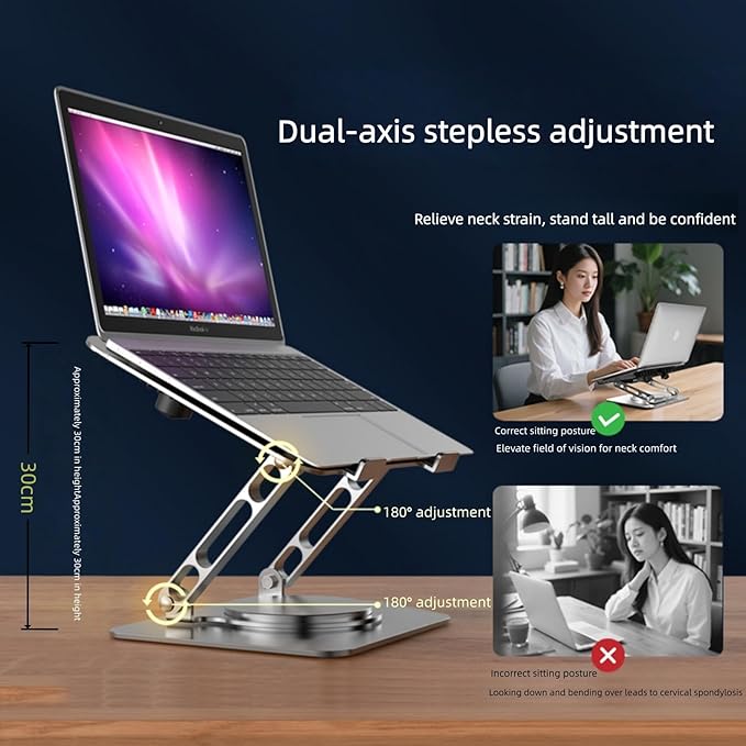 Adjustable Laptop Stand with 360° Rotating Base, Ergonomic Foldable Portable Riser Compatible with MacBook Pro Air, 10-16 Inch, Black (Black)