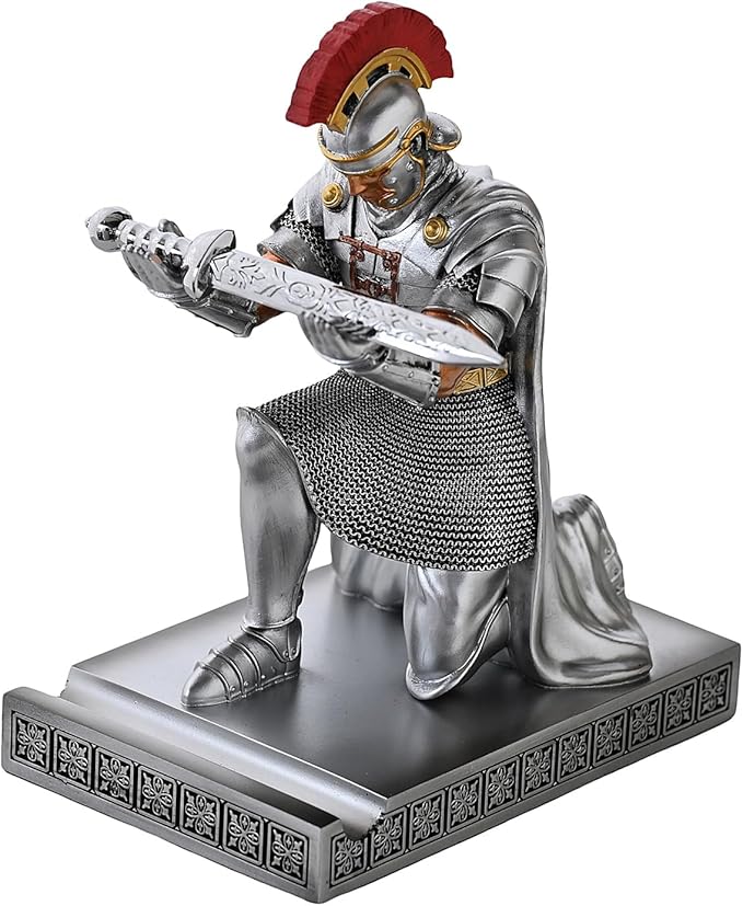 Roman Praetorian Prefect Warrior Knight Pen Holder Desk Ornament Resin Praetorian Guard Mobile Phone Stand Desk Accessories and Organizer for Office with a Letter Opener (Silver)
