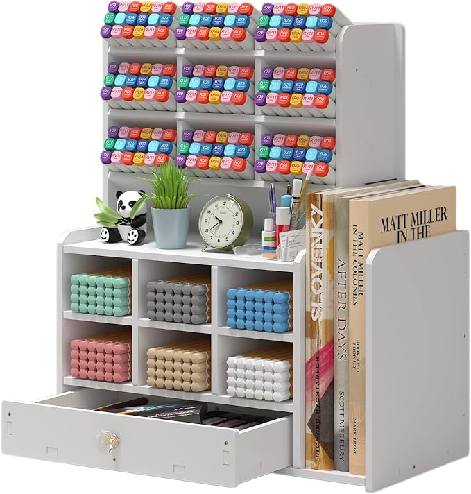 Pen organizer for desk,Marker organizer,Pen holder with drawer,Pencil Holder,with 15 Compartments and 1 Drawer, 1 File Holder Multi-Functional Desk Organizers (White)