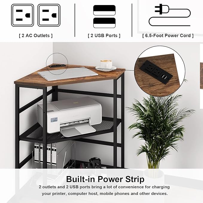 VEDECASA Corner Printer Stand Table with Power Outlet Charging Plugs USB Port Adjustable Storage Shelf Computer Tower CPU Stand Holder for Home Office (Brown)