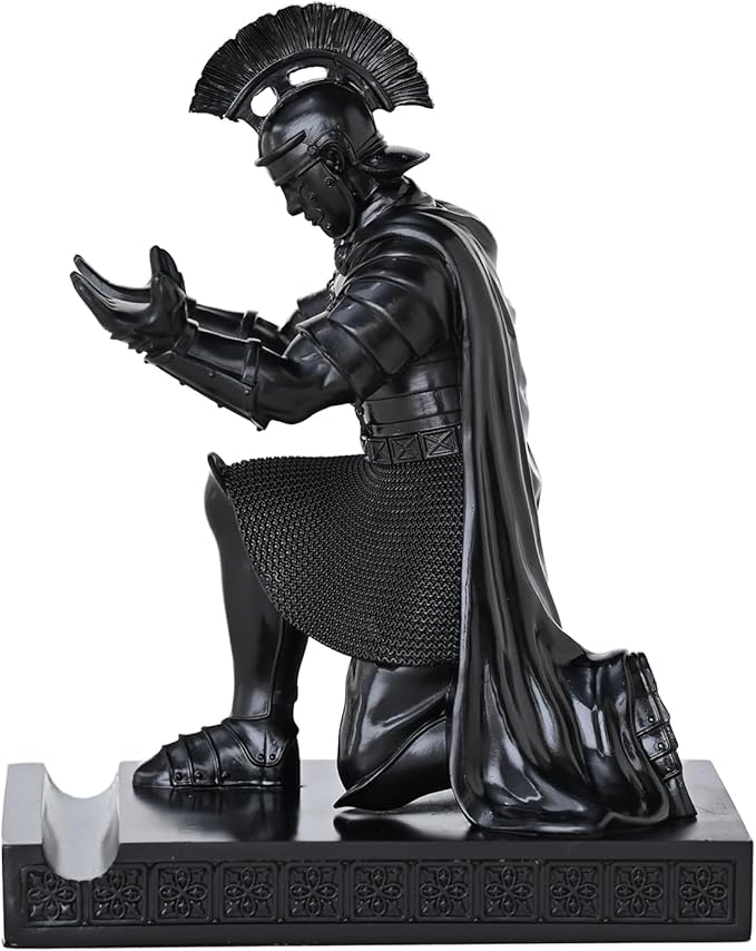Roman Praetorian Prefect Warrior Knight Pen Holder Desk Ornament Resin Praetorian Guard Mobile Phone Stand Desk Accessories and Organizer for Office with a Letter Opener (Black)