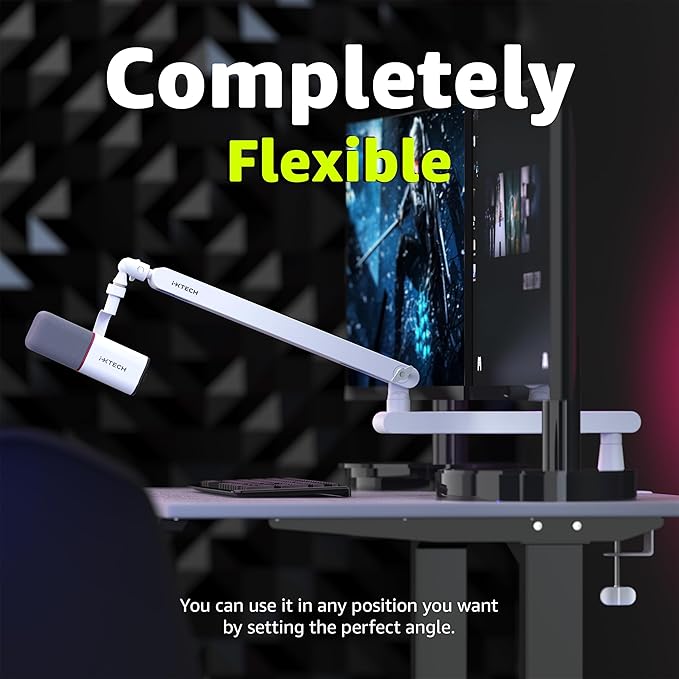 IXTECH White Microphone Boom Arm Stand Low Profile Boom Arm Adjustable Mic Stand with Built In Cable Management 360° Swivel Mic Arm.