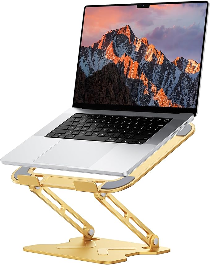 Adjustable Laptop Stand for Desk, Metal Foldable Laptop Riser, Portable Laptop Holder Mount, Ventilated Cooling Computer Notebook Stand for MacBook Air Pro, All 10-16'' Notebooks Laptops, Gold