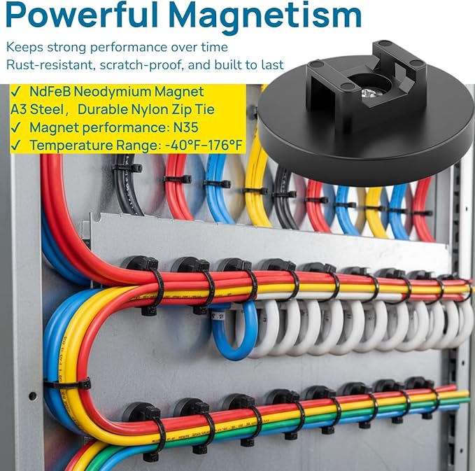 Magnetic Zip Tie Mount Set, 25 Magnetic Cable Tie with 200 Cable Ties, Strong Wire Management Cables Holder, Multipurpose Electrical Cord Holders Organizer (43mm)