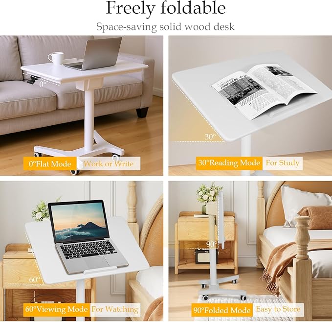 Mobile Sit Stand Laptop Desk with Wheels - Height Adjustable Pneumatic Rolling Workstation, Foldable Solid Wood Home Office Table