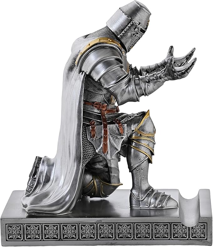 Medieval Templar Vanguard Officer Knight Pen Holder Pen Stand Desk Organizers and Accessories Resin Mobile Phone Stand as Gift for Office and Home Desk Organizer (Silver)