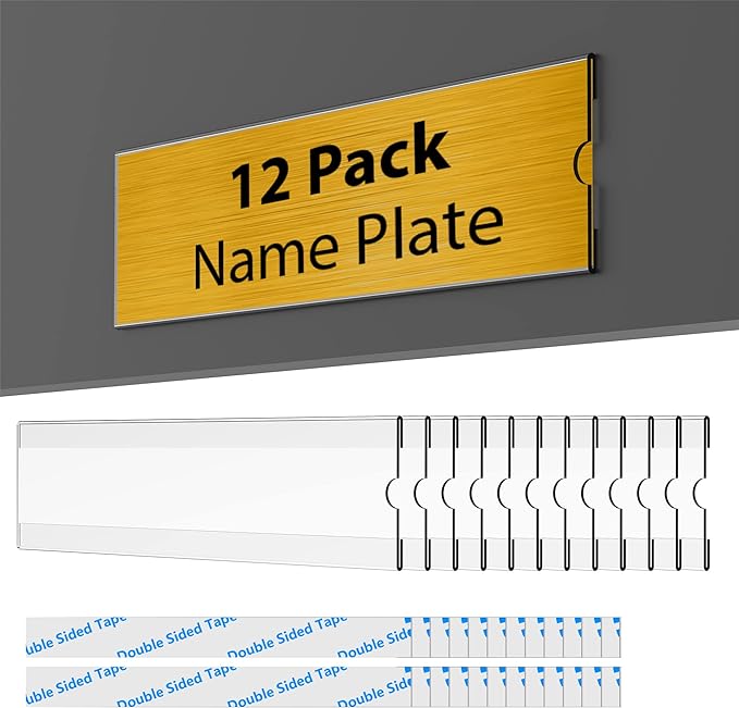 TONICE 12 Pack Acrylic Desk 2x8 Nameplate Holders, Acrylic Nameplate Holders, Wall Mount Transparent Nameplate Holders, Office Name Holders