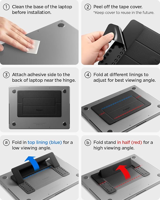 Spigen Slim Fold Adhesive Laptop Stand Foldable Portable Dual Ergonomic Angle Adjustment Lift Anti-Slip Compatible with MacBook Pro, MacBook Air 11"-16" and More - Black (LD201-S1)