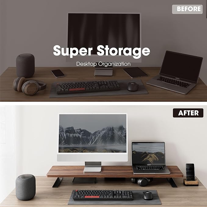 Fenge Dual Monitor Stand Riser, 42.5 Inch Desk Top Shelf for 2 Monitors, Computer Stands for Desk, Wood & Steel Desktop Riser for Laptop, PC, Printer