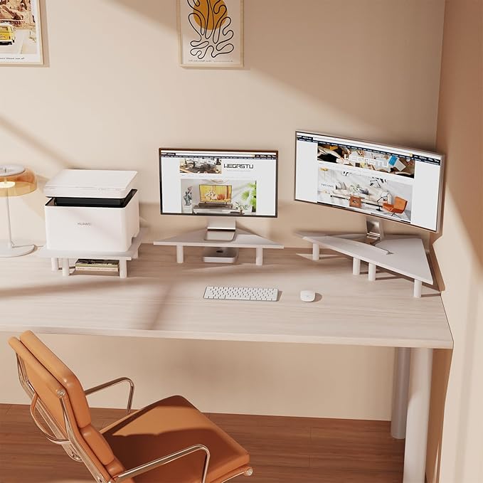 2 Pack White Corner Monitor Stand, Triangle/Square Adjustable Height Riser, 27-inch Universal Desktop Shelf for Computer, Laptop, PC, iMac, Printer (White)
