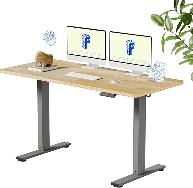 FLEXISPOT EN1 One-Piece Solid Wooden Standing Desk 55 x 24 Inches Height Adjustable Electric Sit Stand Home Office Desks (Silver Frame + Rubber Wood Top, 2 Packages)