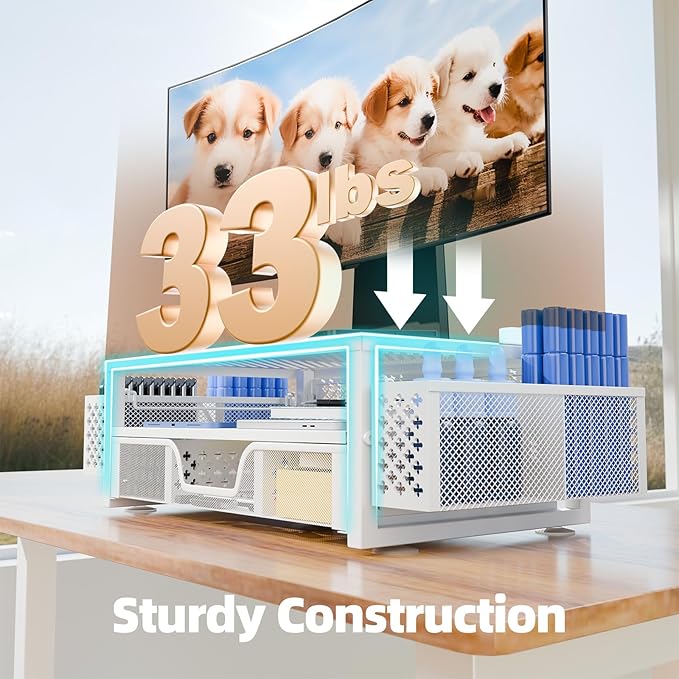 Simple Trending 2 Tier Metal Monitor Stand Monitor riser and Computer Desk Organizer with Drawer and Pen Holder for Laptop, Computer, iMac, White