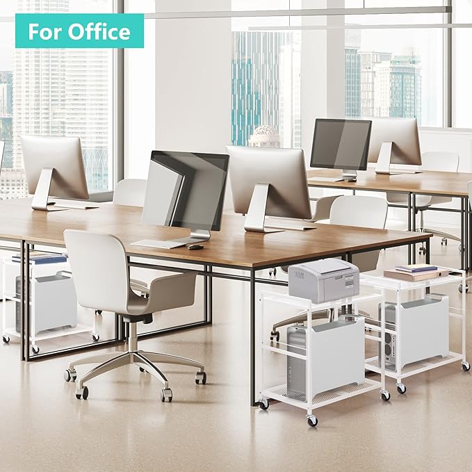 YBING Computer Tower Stand White PC Tower Stand 2 Tier CPU Holder with Wheels Metal Mobile Computer Tower Cart Rolling PC Cart Floor for Fax Home Office