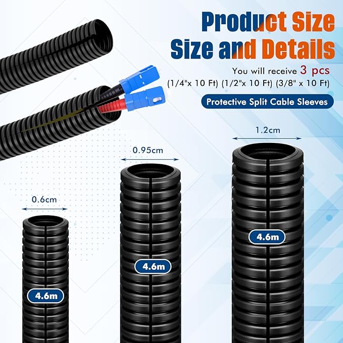 Sasylvia 1/4", 1/2", 3/8" X 10 ft Split Wire Loom Tubing Automotive Wire Loom Assortment Split Cable Sleeves Bulk Flexible Electrical Conduit Protective Kit