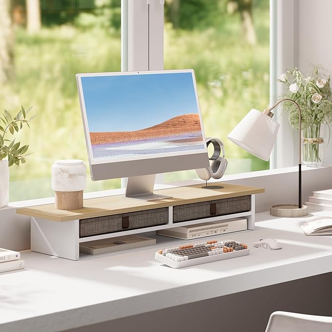 Fenge Monitor Stand with Drawer, 2 Tiers Dual Monitor Riser for Desk, 35 Inch Computer Stand for 2 Monitors, Desk Shelf for Home, Office, Laptop, PC, TV, Printer