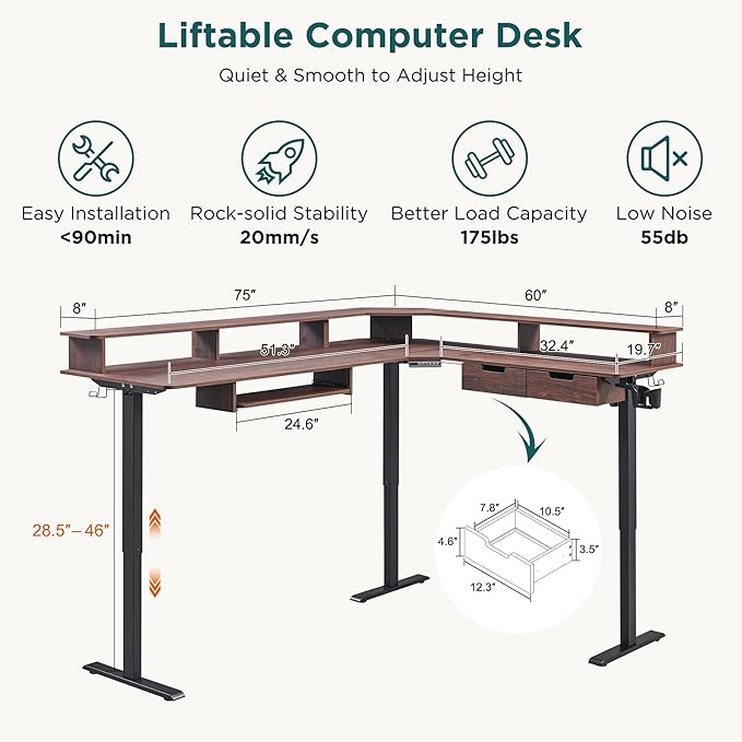 RedLemon 75X60 Inches L Shaped Electric Standing Desk, Height Adjustable Corner Gaming Desk with Drawers, Keyboard Tray, Power Outlets & LED Lights, Computer Desk with Monitor Shelf, Dark Walnut