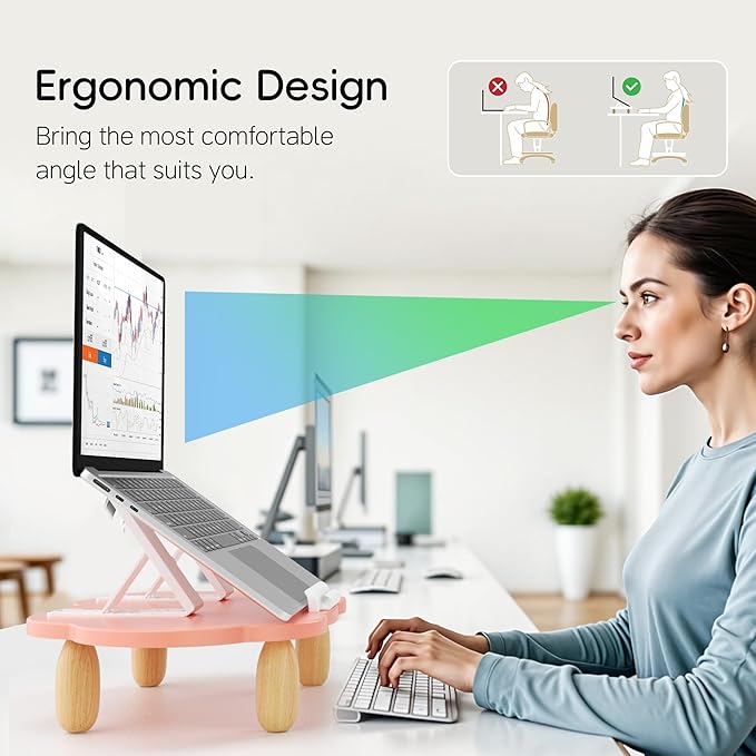 Adjustable Wood Laptop Stand, Ergonomic Height Angles Computer Stand, Cloud-Shaped Holder Riser Notebook Stand for Desk Compatible with Air, Pro, Dell, HP, Lenovo More 10-17.3" Laptops, Pink