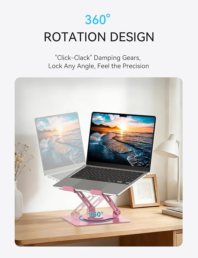 SOUNDANCE Laptop Stand with 360° Rotating Base, Ergonomic Computer Riser for Desk, Adjutable Height Muti-Angle, Foldable Laptop Mount, Stable Metal Holder Support 10-15.6" Notebook PC, Pink