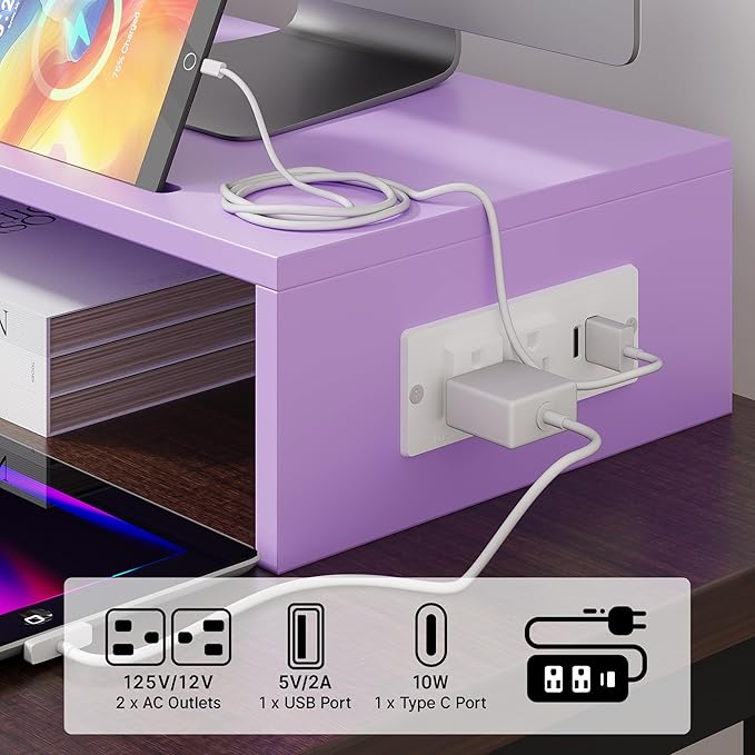 Elephance Dual Monitor Stand with USB Ports,Wood Computer Monitor Stand with Drawer,Adjustable Monitor Stand Riser,Desk Organizer for PC,Computer,Laptop,Purple Pink