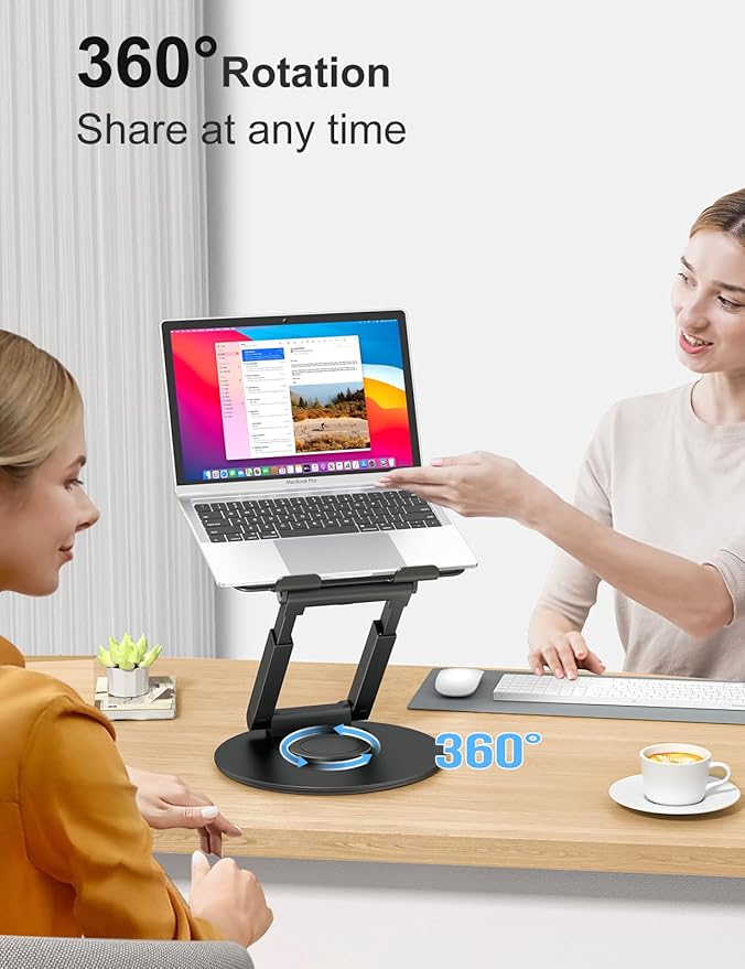tounee Telescopic Laptop Stand for Desk with 360° Swivel Base, Sit to Stand, Height Adjustable, Portable Riser Holder for Good Posture, Compatible with MacBook Pro, All Laptops 10-17" - Black